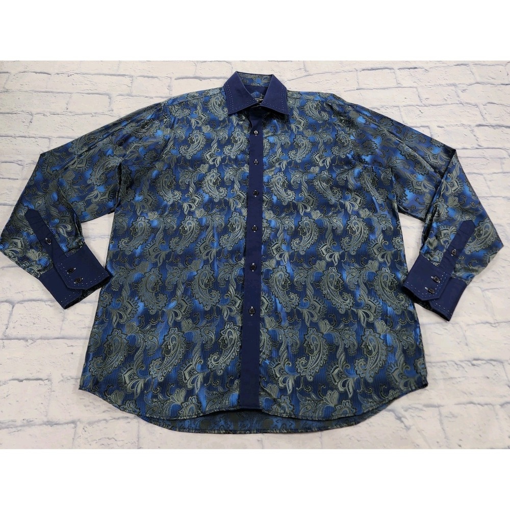 Alberto Biani of Italy MENS XL Blue Paisley Satin Dress Shirt Showman Magician